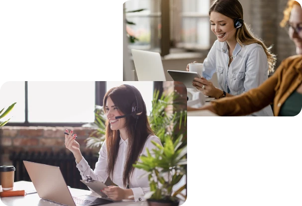 Imagens de mulheres utilizando headsets, entrando em contato com clientes e comunicando-se remotamente, com laptops e tablets ao redor.