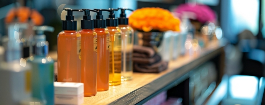 Shelf with perfume bottles, cosmetics and flowers