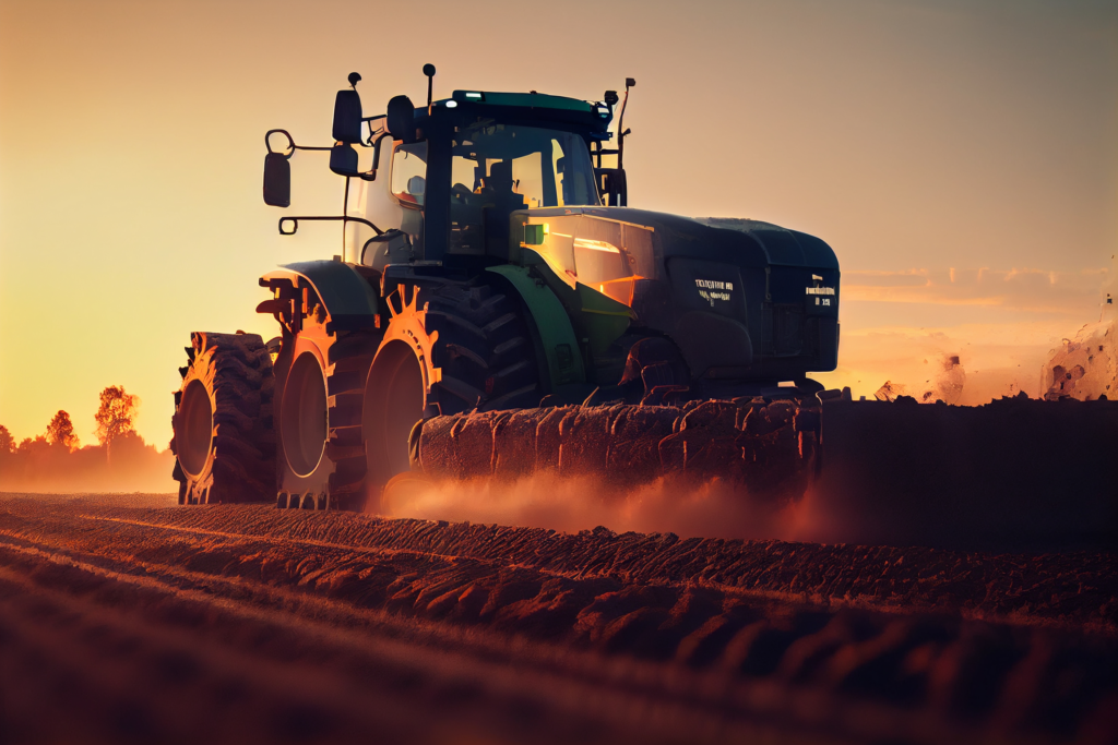 Trator trabalhando na lavoura durante o pôr do sol, com máquina agrícola importada. A terra sendo arada levanta poeira, simbolizando a agricultura moderna.